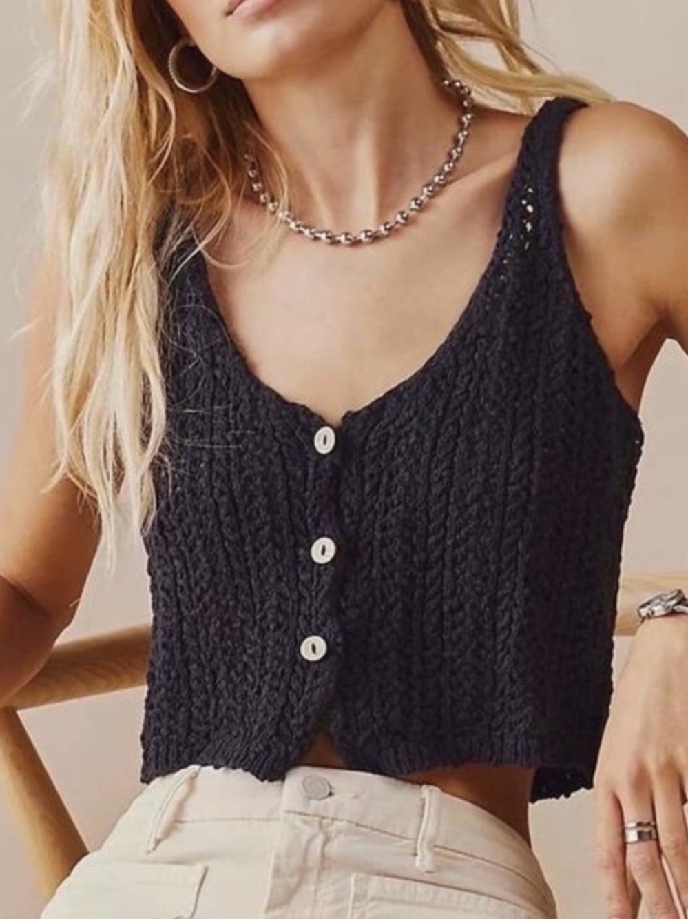 The Knit Urban Outfitters Navy Crochet Button Front Vest XS